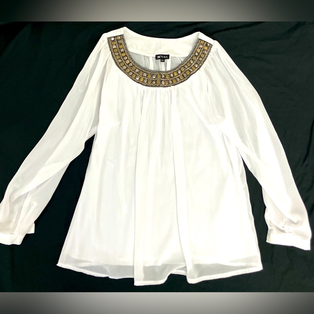 C.O.C. Blouse, Light Airy Sheer Embellished Neck Women’s Size 2XL